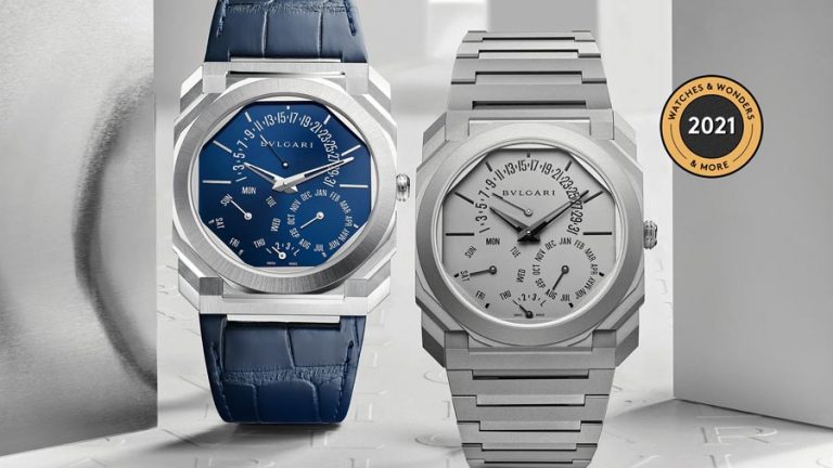 Lịch vạn niên Bulgari Octo Finissimo bằng bạch kim (trái) và titan (phải)