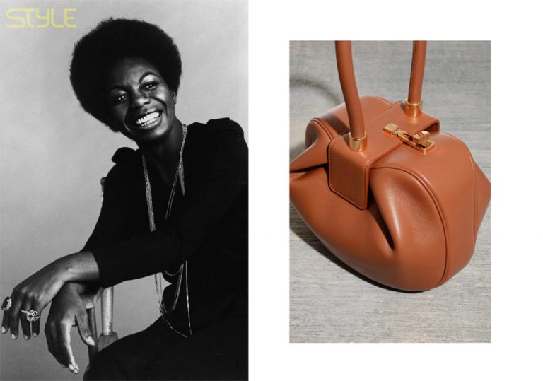 Trái: Nina Simone. Ảnh: Jack Robinson ; Phải: túi Nina của Gabriela Hearst