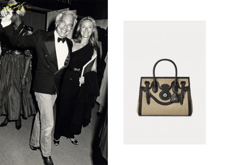 Trái: Ralph Lauren và Ricky Anne Loew-Bia. Ảnh: Ron Galella ; Phải: Túi Ricky của Ralph Lauren