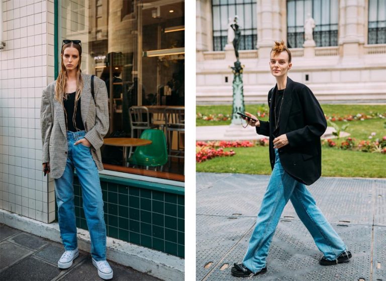 Quần jean ống rộng + áo blazer ngoại cỡ