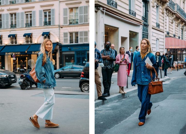 Quần jean ống rộng + áo khoác denim