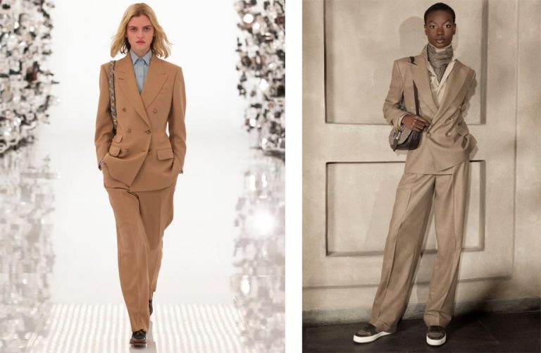 Quần ống rộng màu be và áo blazer