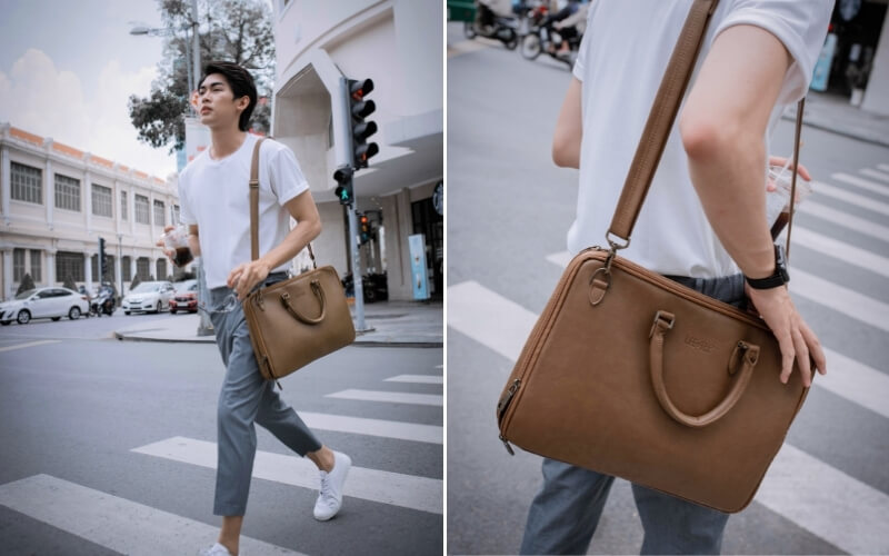 Mix áo thun với quần quần âu và túi xách