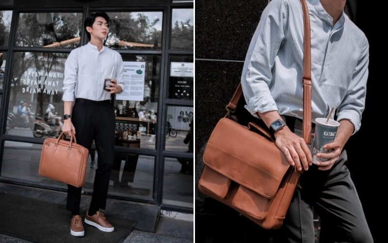 Mix áo sơ mi, quần tây đen và túi xách